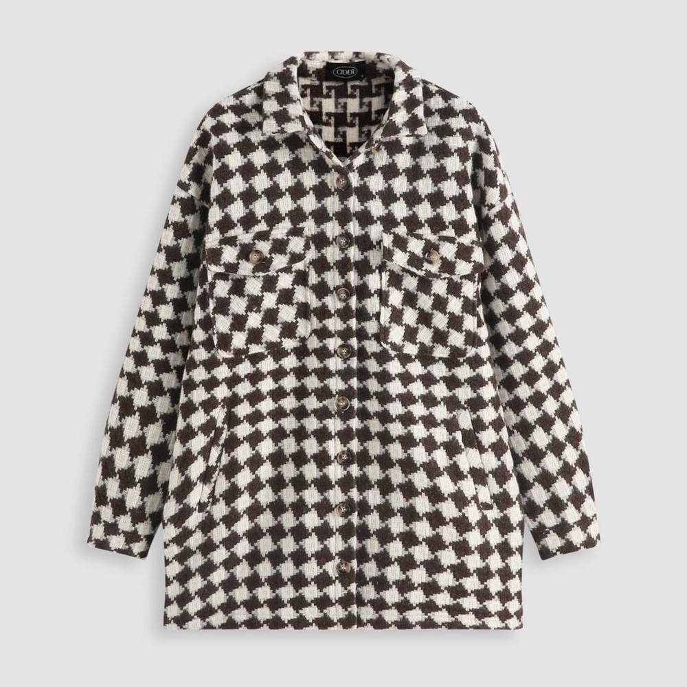 Cider checkered white & brown wool blend oversized button up spring jacket NWT